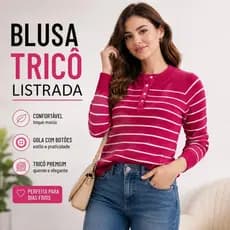 Blusa Feminina Tricô Listrada Manga Longa Gola Botões Inverno Elegante