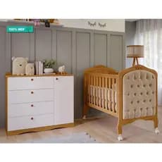 Quarto de Bebê Berço Mini Cama Capitone Harmonia Cômoda 4 Gavetas Encanto Permobili Nature/Branco