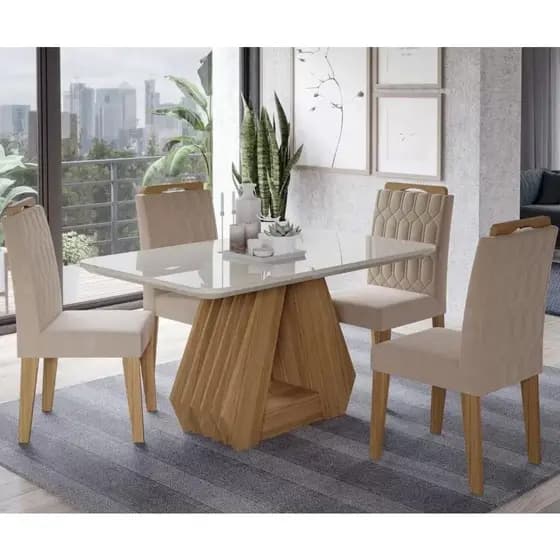 Conjunto Sala Jantar Retangular Ágata 130x80 Tampo MDF/Vidro 4 cadeiras Cimol Nature/Off White/Nude