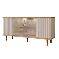 Aparador Buffet 2 Portas Ripada e 2 Vidro Temperado Led Pés Em Madeira Janice Cimol Nature/Off White