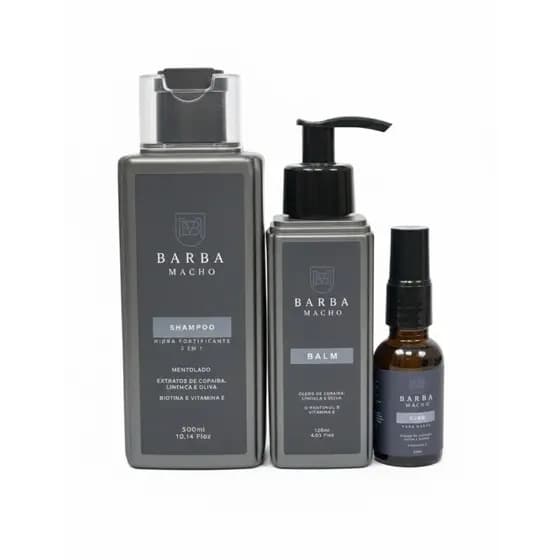 KIT BARBA MACHO 3 EM 1 - Shampoo, Óleo e Balm - Rotina Completa para Crescimento, Hidratação e Força da Barba