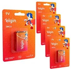Pilha Zinco 9V Elgin Bateria 9 Volts Carvão 6F22 kit 5 unidades