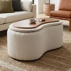 Puff Decorativo Orgânico com Baú e Tampo Reversível Design Bouclê Formato Feijão para Sala ou Quarto