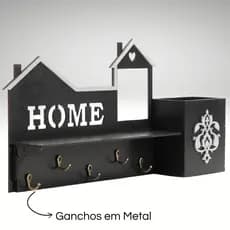 Chaveiro de Parede em MDF 3mm com Aplique em Acrílico Espelhado, Ganchos Metálicos e Porta-Objetos