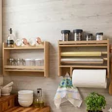 Kit Porta tempero cozinha condimentos organizador 3 em 1 papel toalha papel aluminio prateleira parede de madeira