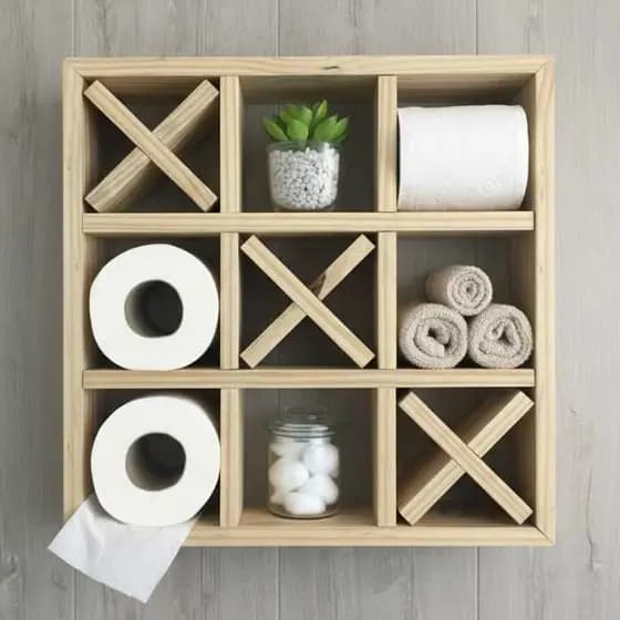 Porta papel Higiênico jogo da velha madeira pinus lavabo banheiro.