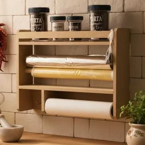 Porta tempero cozinha organizador condimentos 3 em 1 suporte papel toalha aluminio filme madeira  MDF decorativo parede