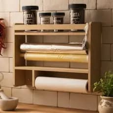 Porta tempero cozinha organizador condimentos 3 em 1 suporte papel toalha aluminio filme madeira  MDF decorativo parede