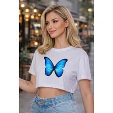 Cropped Feminino Liso ou com Estampa Smile, Borboleta, Stitch com coração Manga Curta Básico Casual, Street, Blusa Curta