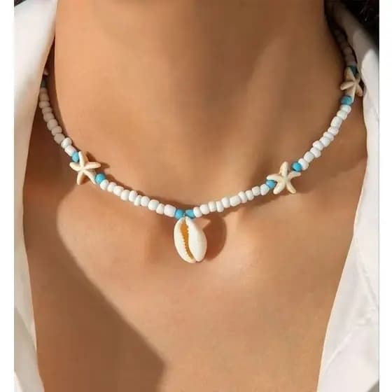 Colar Choker Miçangas Brancas com Estrela do Mar | Acessório Praia Feminino