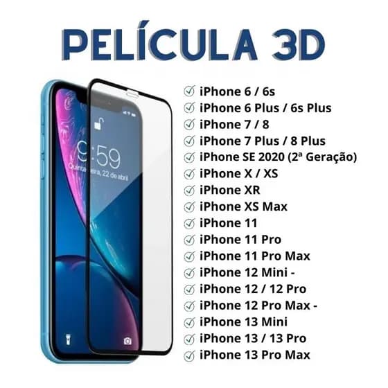 Película de Vidro Temperado 3D 5D Full Cover Para Todos iPhone 6 / 7 / 8 / SE / X / XS / XS Max / XR / 11 / 11 Pro Max / 12 / 12 Pro Max / 13 Mini / 13 / 13 Pro / 13 Pro Max / 14 / 14 Pro Max / 15 / 15 Pro Max