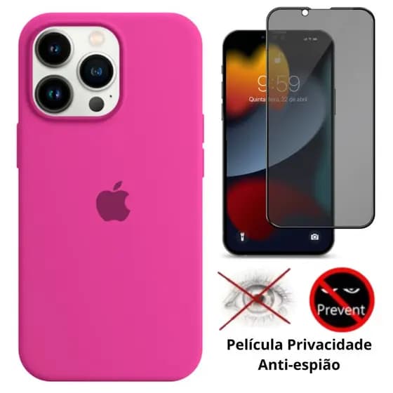 Kit Capa Silicone Aveludada + Película Privacidade 3D 5D 9D Combo 2 em 1 Compatível iPhone 14 14 Pro 14 Pro Max