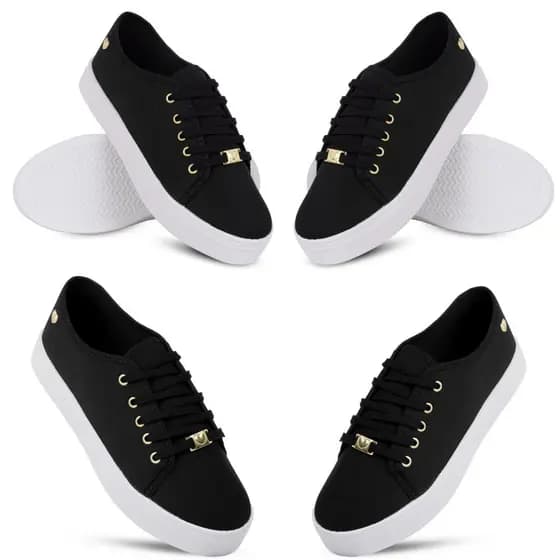 Kit 2 Tênis Feminino Ping Coração Preto Confort Casual Confortável Slip On Sandalia Feminina