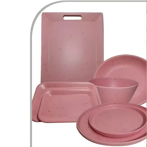Conjunto Melamina Rosa Bandeja Espelhada Prato Raso Fundo Bowl Travessa Jogo Completo