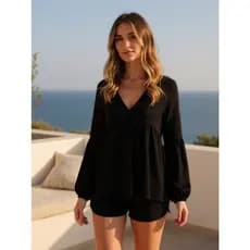 Conjunto Short E Blusa Manga Longa Balonê Moda Feminina Estilosa Vintage Boho