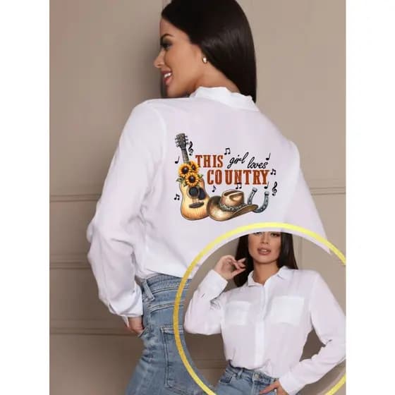 Camisa Feminina com Bolso Moda Country Estampa nas Costas Blusa Social Manga Longa Com Botão Casual Rodeio