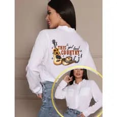 Camisa Feminina com Bolso Moda Country Estampa nas Costas Blusa Social Manga Longa Com Botão Casual Rodeio