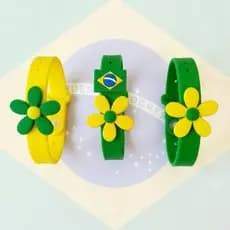 Pulseira Infantil para Menina Kit Verde Amarela | Pulseira Ajustável Flor Silicone Festa Copa Brasil