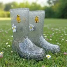 Galocha Infantil Menina Glitter Prata Bota Chuva Abelha Flor Clog Macio Confortável Antiderrapante Escolar Blogueirinha