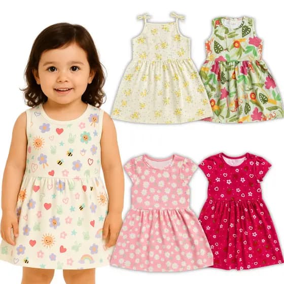 Kit 4 Peças Vestidos Sortidos Estampados Infantil Roupa Feminina Menina Estação Verão Primavera