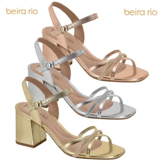 Sandalia Feminina Beira Rio Festa Salto Bloco Alto Brilho Strass Metalizada Lançamento Casamento