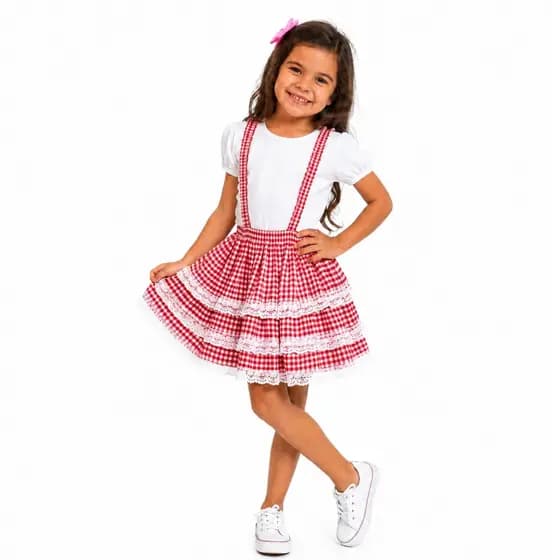 Saia Salopete Junina Infantil Festa São João Arraiá Caipira Roupa Quermesse Xadrez Menina Julina