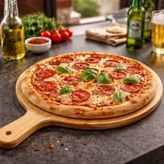 Tábua de Pizza Redonda Petisqueira Com Cabo em Madeira 35cm Decoração Mesa Pizzaria Restaurante