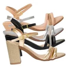 Kit 2 Pares Sandália Strass Salto Feminino Bloco Grosso Moda Brilho Glitter