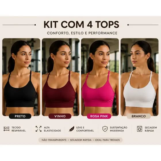 Kit 4 Tops Alcinha Sem Bojo Academia Fitness Roupas Feminina