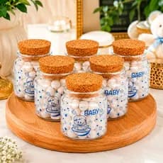 Kit 6 Mini Potes de Vidro Tampa Rolha Cortiça Lembrancinha Chá Bebê Revelação Menino Menina 50ml
