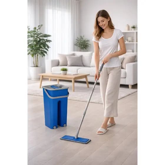 Mop Flat Lava e Seca com Balde Duplo + 2 Refis | Limpeza Prática e Rápida e Sem Esforço