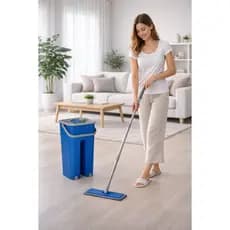 Mop Flat Lava e Seca com Balde Duplo + 2 Refis | Limpeza Prática e Rápida e Sem Esforço