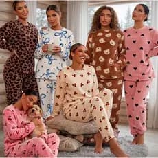 Pijama Feminino De Inverno Canelado Peluciado Com Laço Conjunto Blusa Manga Longa E Calça Longa Macio