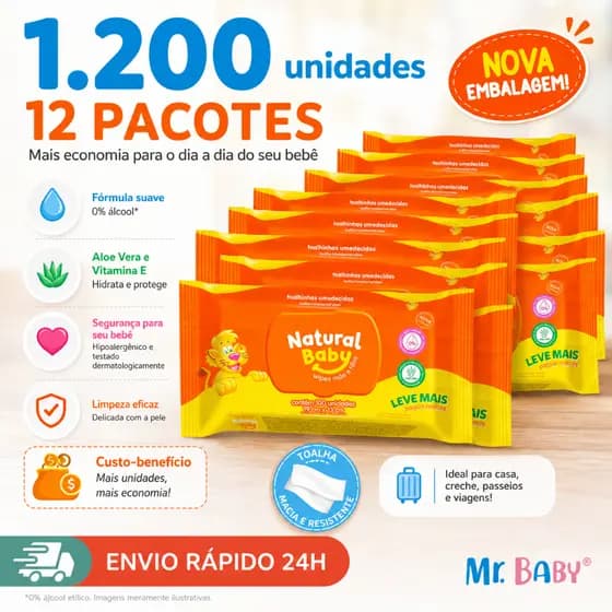 Kit com 12 Pacotes de Lenços Umedecidos Natural Baby 1200 Unidades