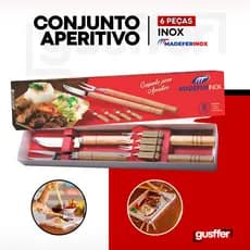 Kit Churrasco Completo Conjunto Garfo e Faca 4 Garfinhos Aperitivo Inox 6 Peças Cabo de Madeira