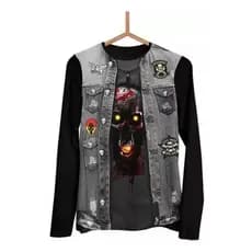 Camisa Caveira Jaqueta Jeans Moto Clube Longa 3d Cv017 Cstmz
