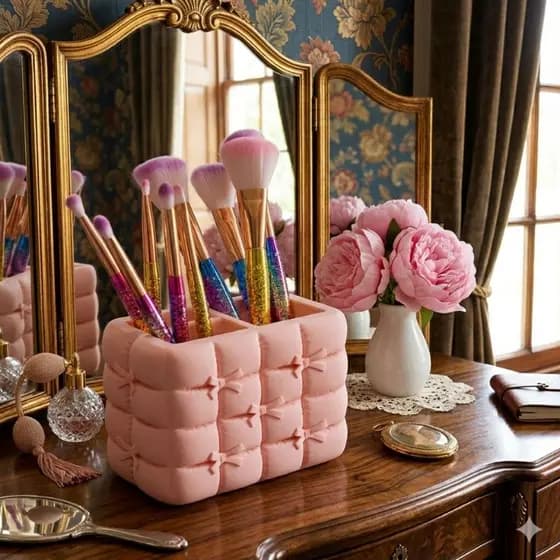 Porta Pincéis de Maquiagem Decorativo  – Organizador de Mesa para Penteadeira - Acolchoado Laços