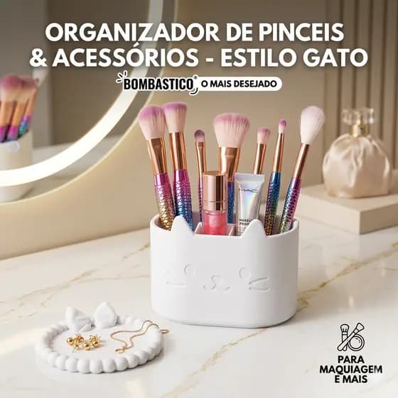 porta pinceis de maquiagem com 3 divisórias + bandeja porta joias redonda