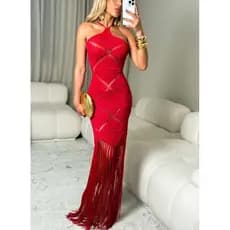 Vestido Longo Tricot Vermelho com Franjas – Elegância que Encanta
