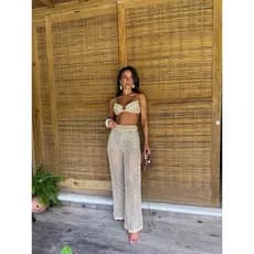 Conjunto Luxo Tricot com Renda Top e Calça Branco detalhes em pérola - Ano Novo - Réveillon