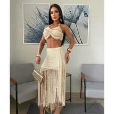 Conjunto Feminino Crochê Pérolas Saia Longa com Franjas e Top Luxo Praia Festa Verão