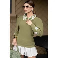 Blusa Feminina Tricot Premium com Gola Bordada e Manga Bufante