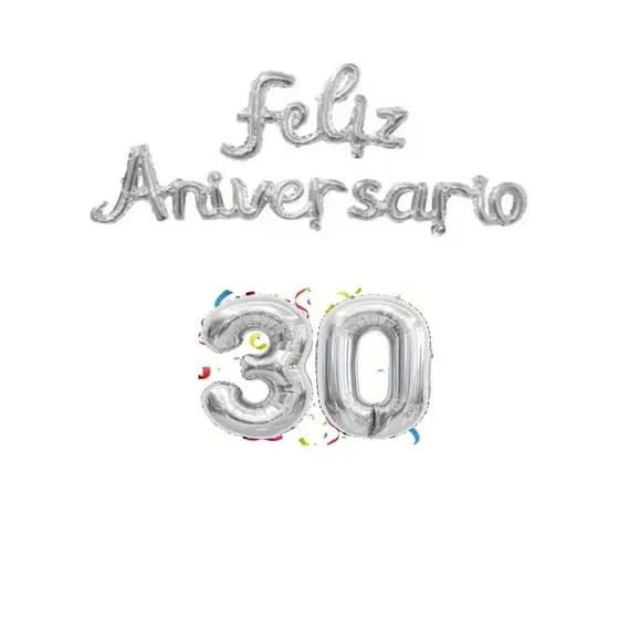 Kit - 2 Uni De Balao Números 16POL 40 CM Prata + Balão Metalizado Faixa Prata "Feliz Aniversário"