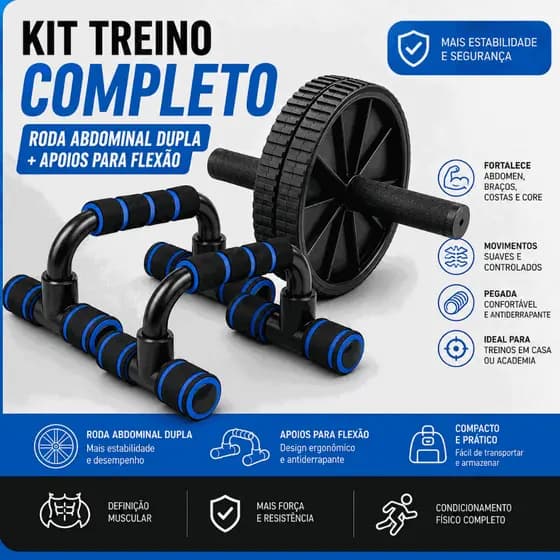 Roda Abdominal Dupla para Exercícios e Apoios para Flexão de Braço kit treino em casa e academia