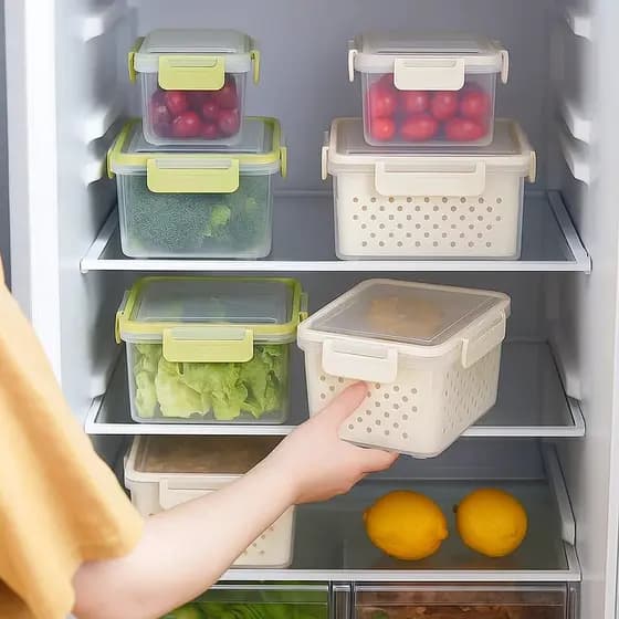 Kit 5 Potes Herméticos com Tampa e Cesto Escorredor Organizadores Conserva Alimentos CORES SORTIDAS