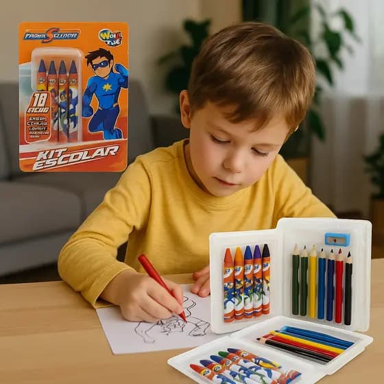 Estojo Infantil Escolar Hero Squad ou Glam Girl 18 Peças – Lápis, Giz e Desenhos Colorir e Criar