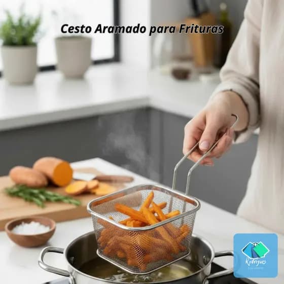 Cesto Fritura Inox Fritadeira Escorrer Peixe Camarão Batata M