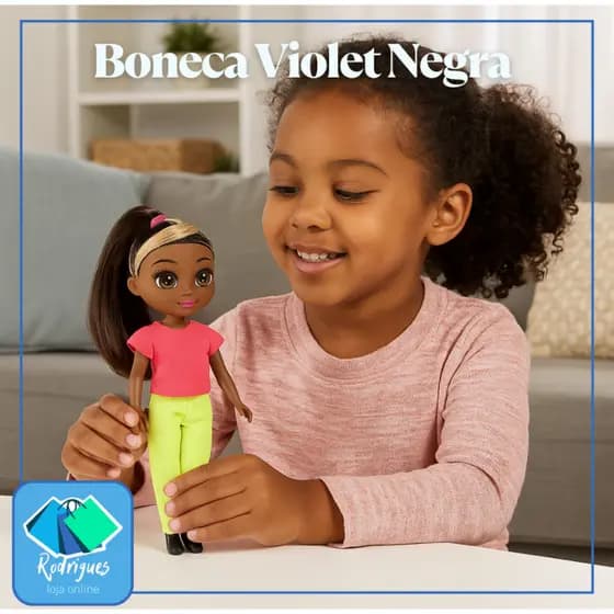Boneca Violet Negra 30 cm Com Acessórios Cabelos Longos e Itens de Beleza