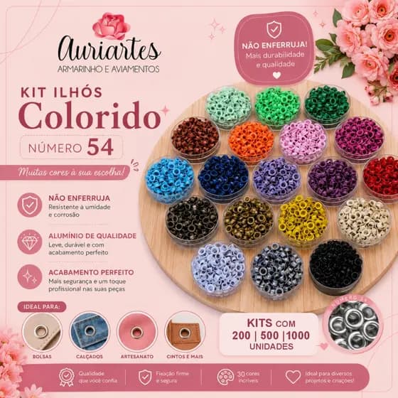 Kit de Ilhós Coloridos n°54 em alumínio com 200 - 500 ou 1000 unidades