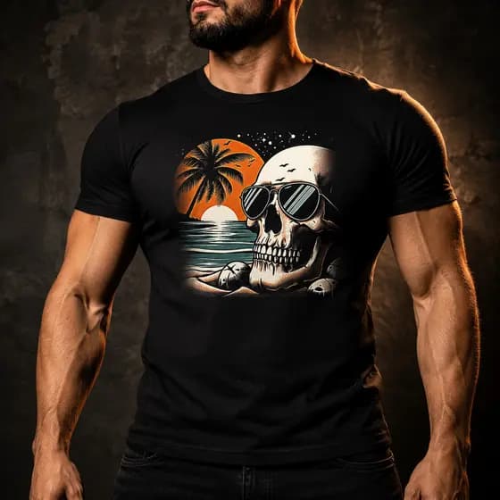 Camisa camiseta algodão preta caveira na praia de óculos
